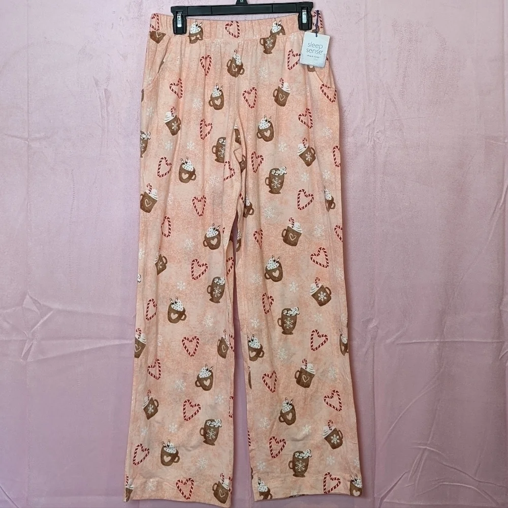 Sleep Sense Pink Candy Canes and Hot Cocoa Pajama Pants with Pockets size Small